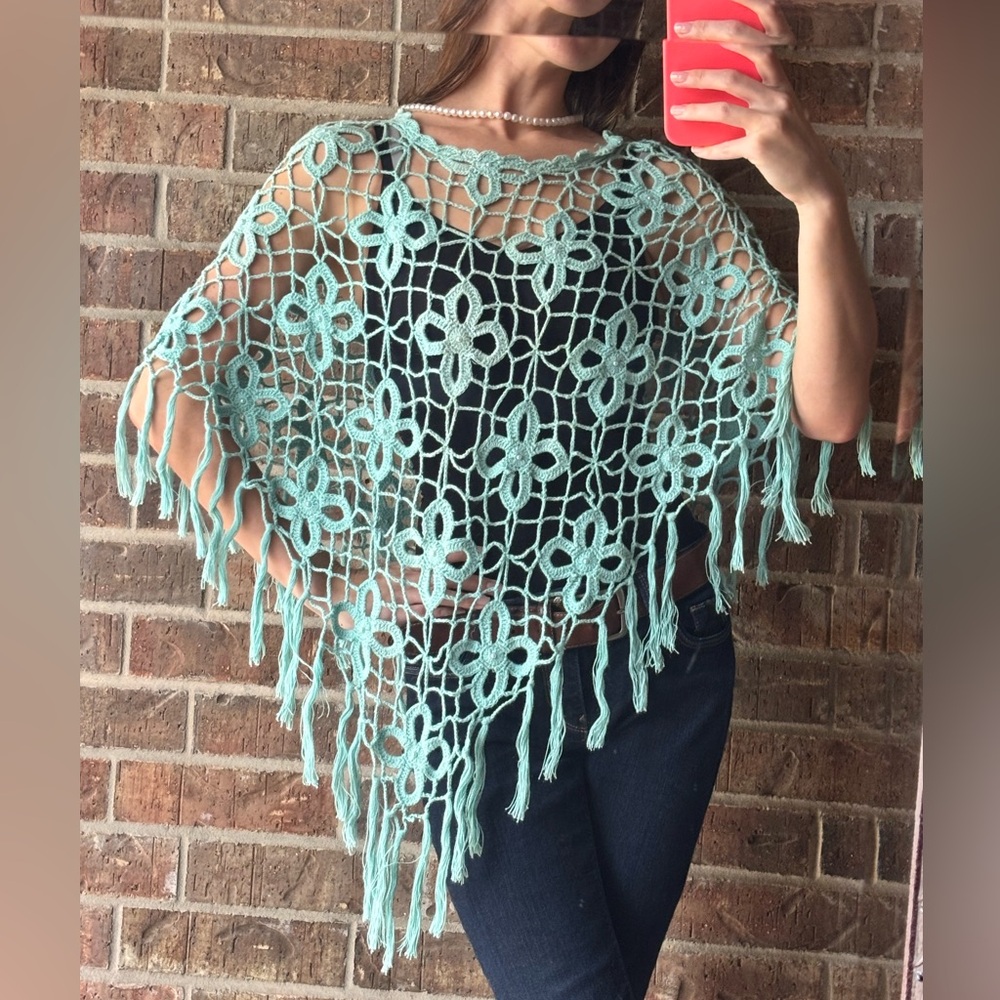 Cato Turquoise Crochet Shaw/Poncho with Pearls